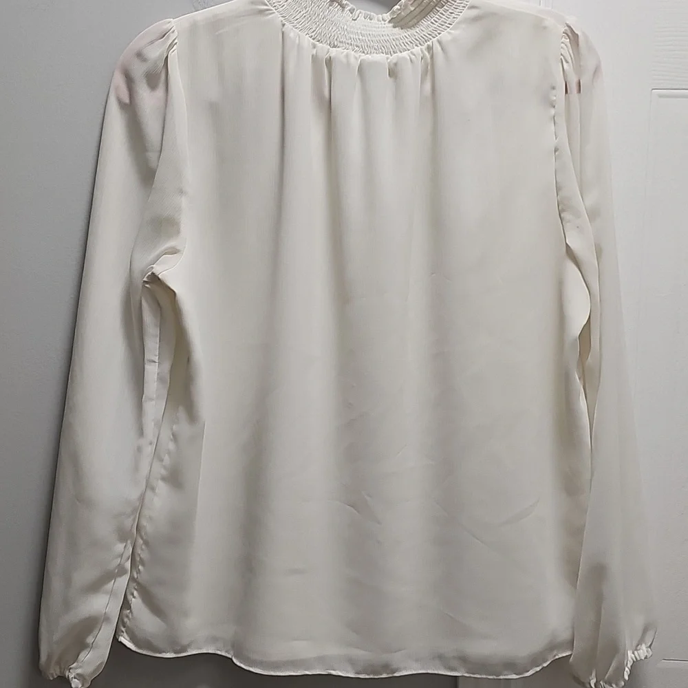 J.Crew White Smocked High Neck Long Sleeve Chiffon Blouse Size M